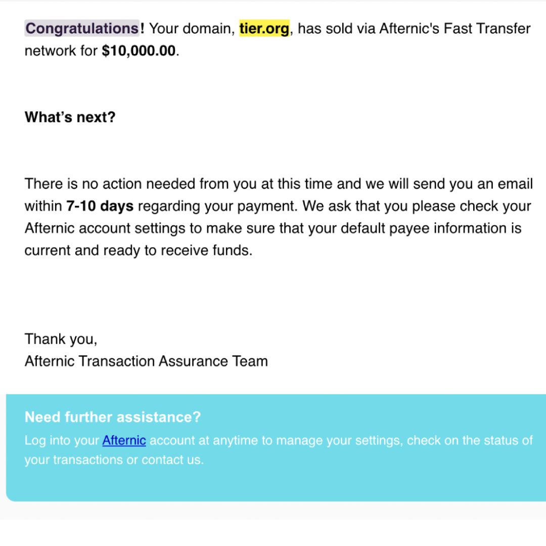 TIER.org sold for $10,000 via Afternic Fast Transfer Network, confirmation email - Harmandeep Singh