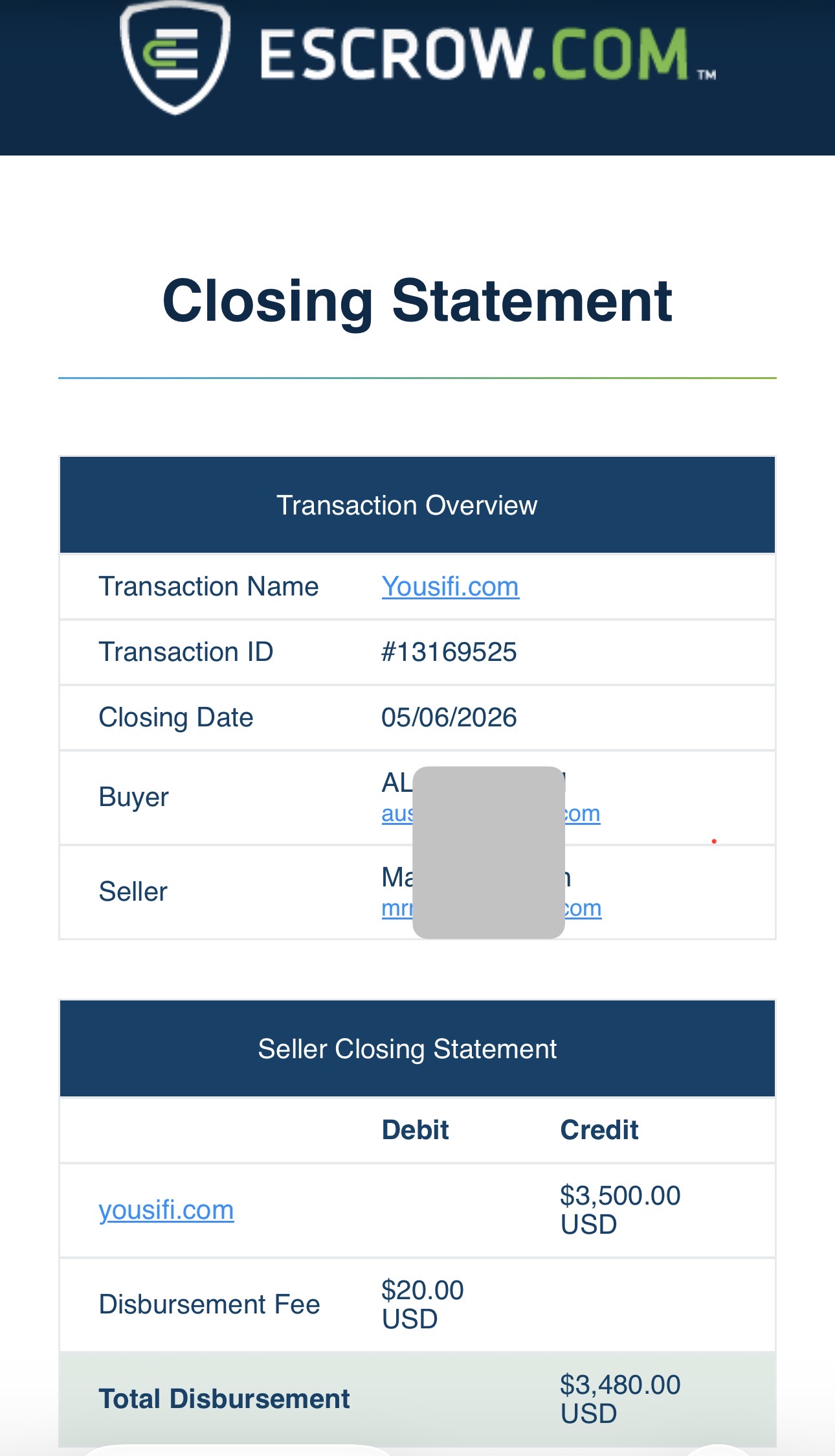 Escrow.com Closing Statement for Yousifi.com — Transaction #13169525, closed 05/06/2026