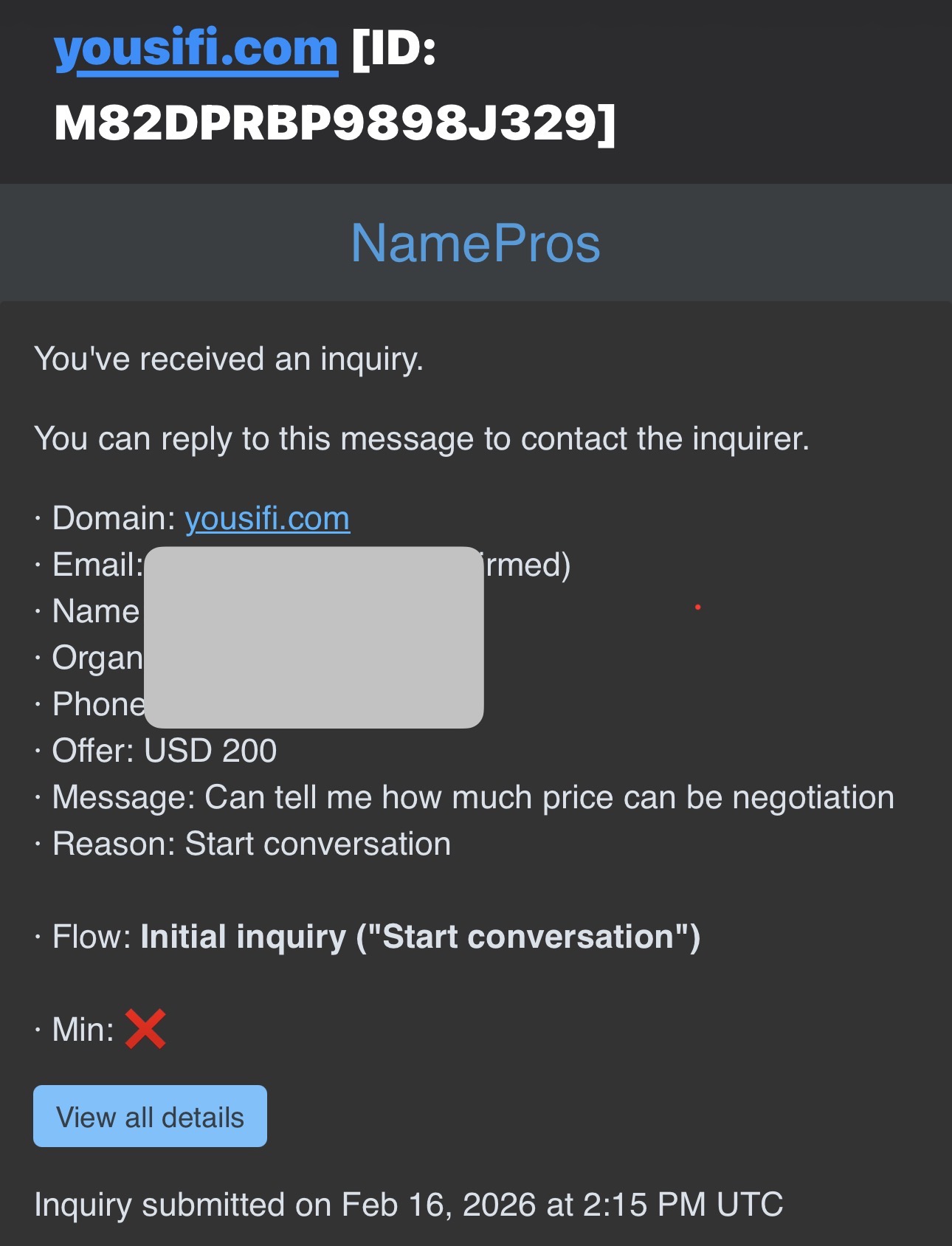 First NamePros inquiry for Yousifi.com — USD $200 offer, February 16 2026