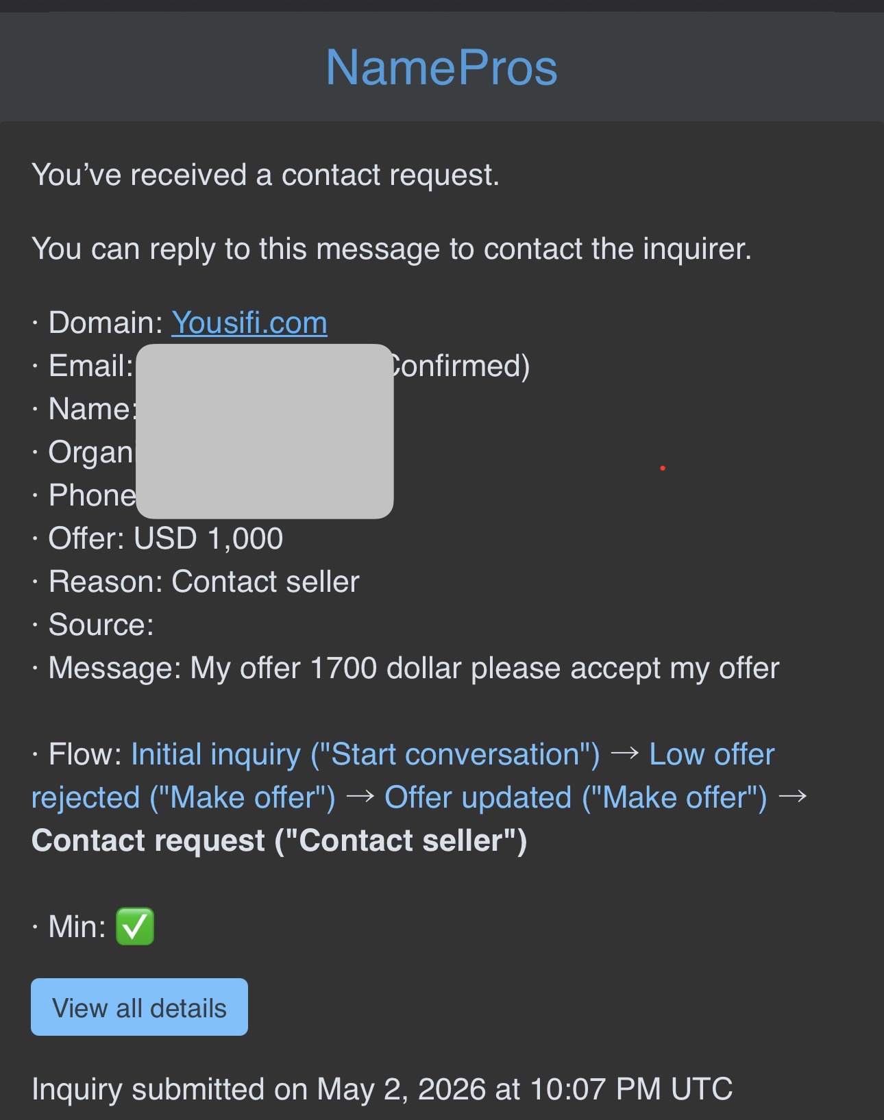 NamePros contact for Yousifi.com — USD $1,700 offer, May 2 2026