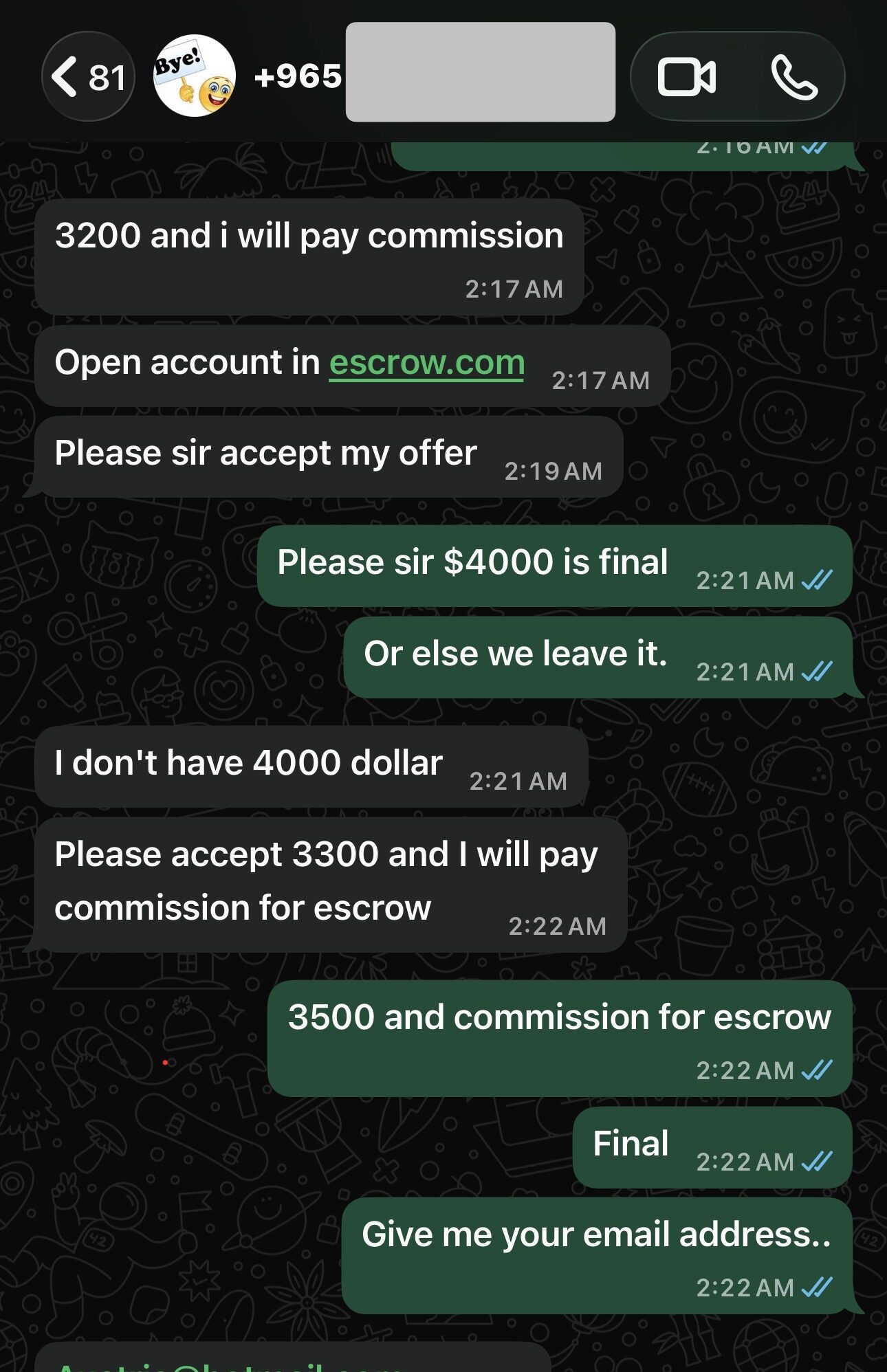 WhatsApp deal closing — $3,500 agreed, email exchanged for Escrow.com setup