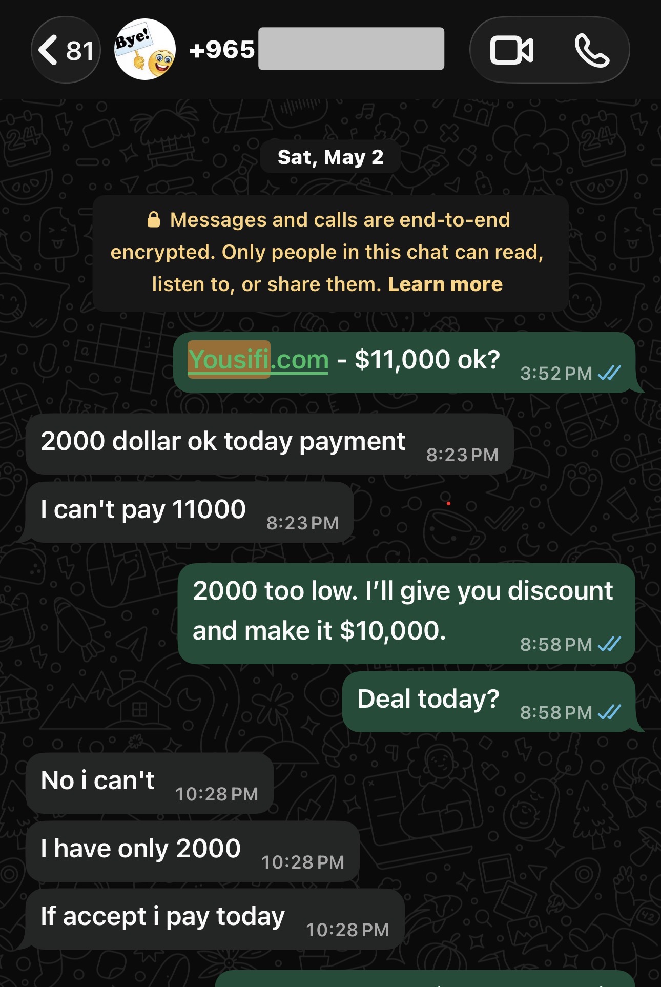 WhatsApp negotiation for Yousifi.com — opening exchange May 2 2026