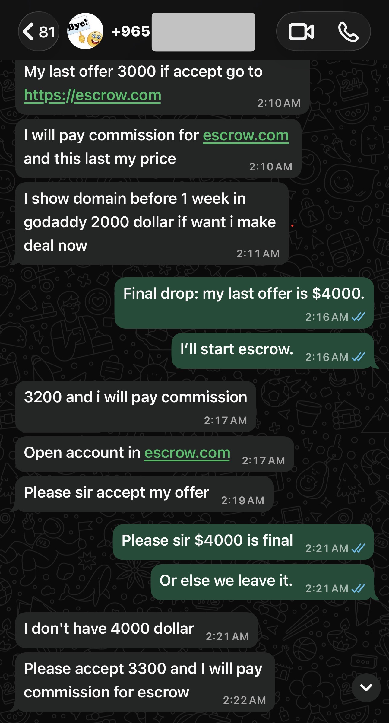 WhatsApp negotiation for Yousifi.com — $3,000 to $4,000 range, early morning May 3 2026
